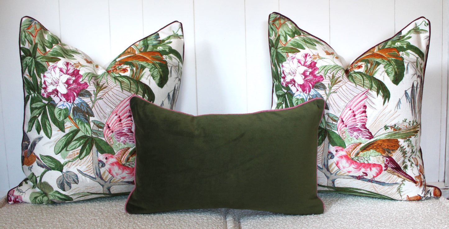 Pair of Beautiful Large Exotic Bird Basketweave Textured Cushions