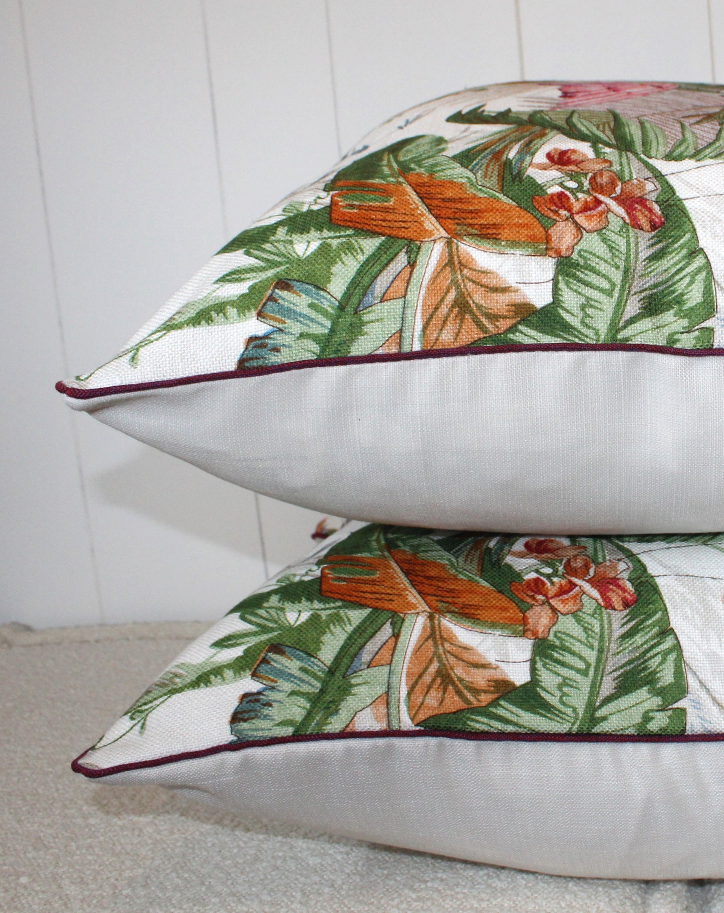 Pair of Beautiful Large Exotic Bird Basketweave Textured Cushions
