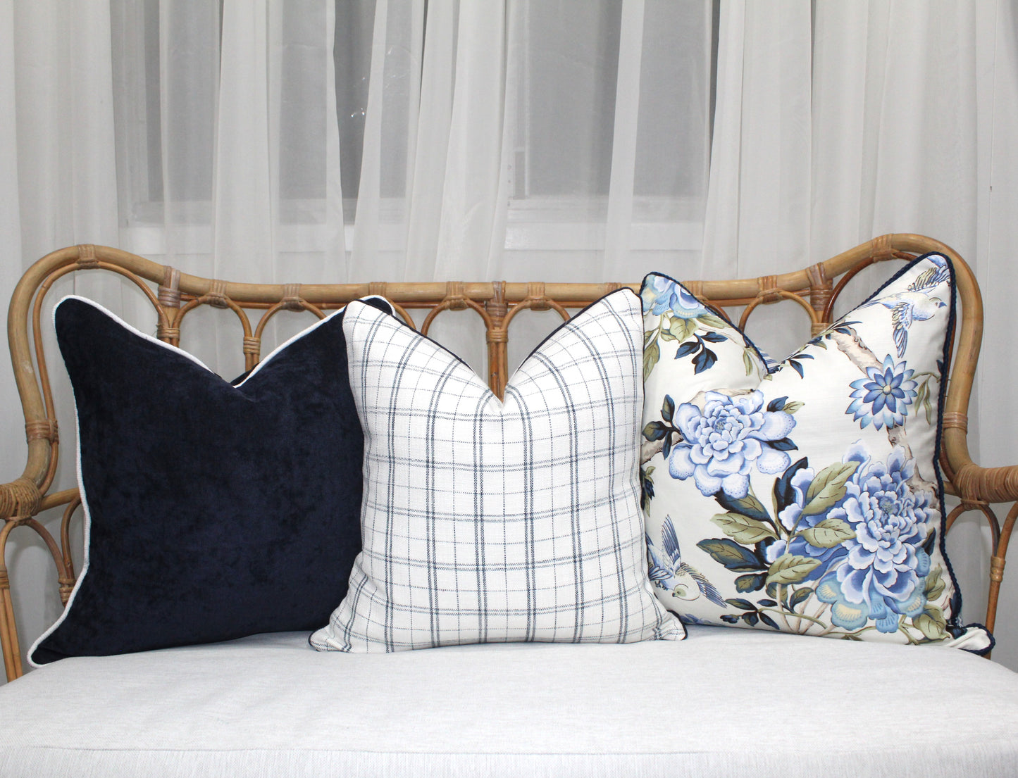 Navy check stripe cushion covers by Charles Parsons