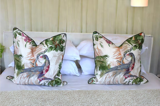 Pair of Beautiful Large Exotic Bird Basketweave Textured Cushions