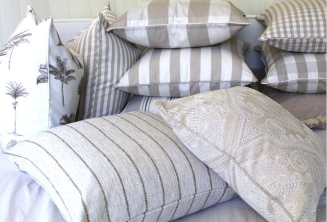 Beige Oatmeal Check/Striped Cushion Covers + Country Style Cushions Size 50x50cm Priced for Pair