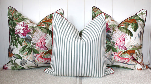 Pair of Beautiful Large Exotic Bird Basketweave Textured Cushions