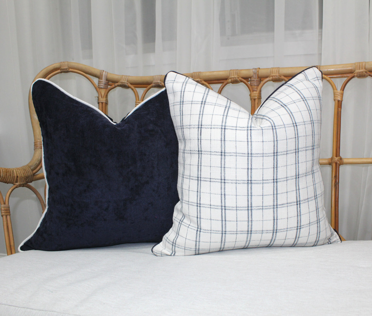 Navy check stripe cushion covers by Charles Parsons