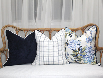 Navy check stripe cushion covers by Charles Parsons