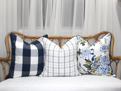 Navy check stripe cushion covers by Charles Parsons