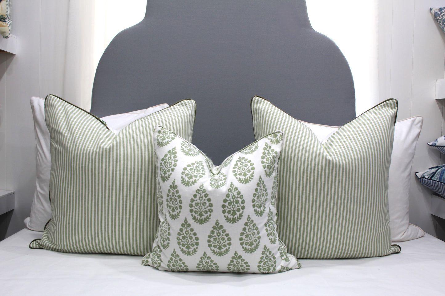 Sage green ticking Cushion covers.