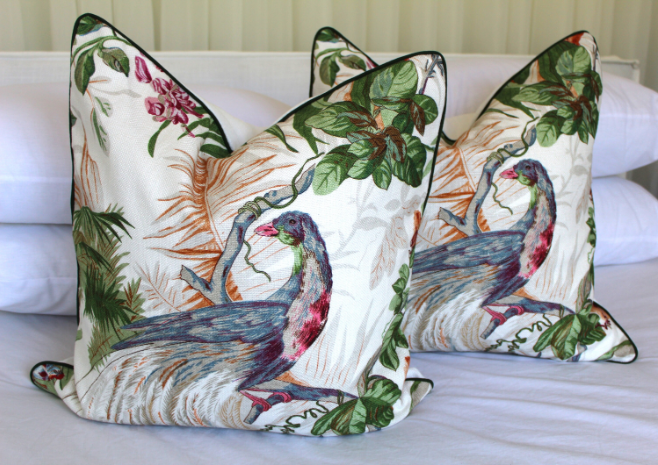 Pair of Beautiful Large Exotic Bird Basketweave Textured Cushions