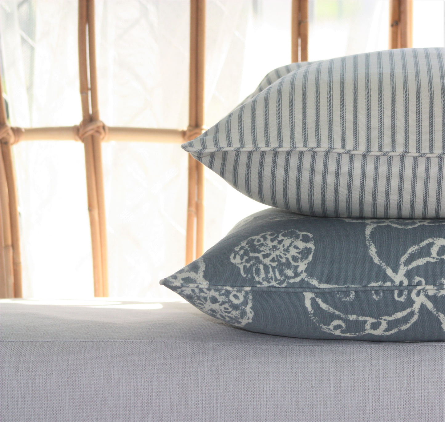 Duck egg Blue Floral and Ticking Stripe cushion covers