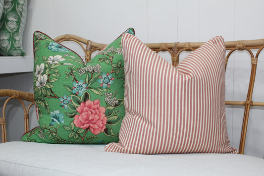 Red Ticking Stripe cushion Covers. Australian made cushion covers.