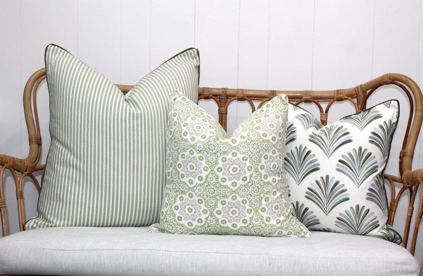 Sage green ticking Cushion covers.