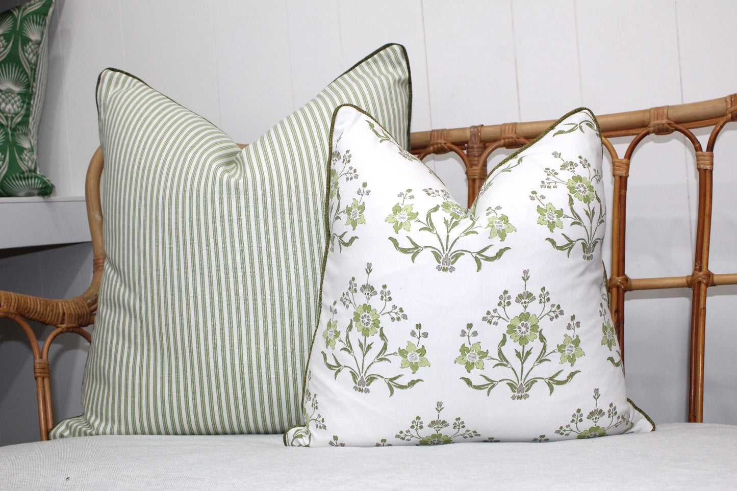 Sage green ticking Cushion covers.