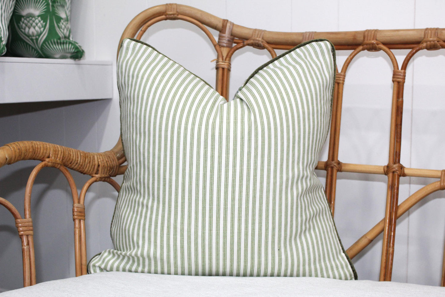 Sage green ticking Cushion covers.