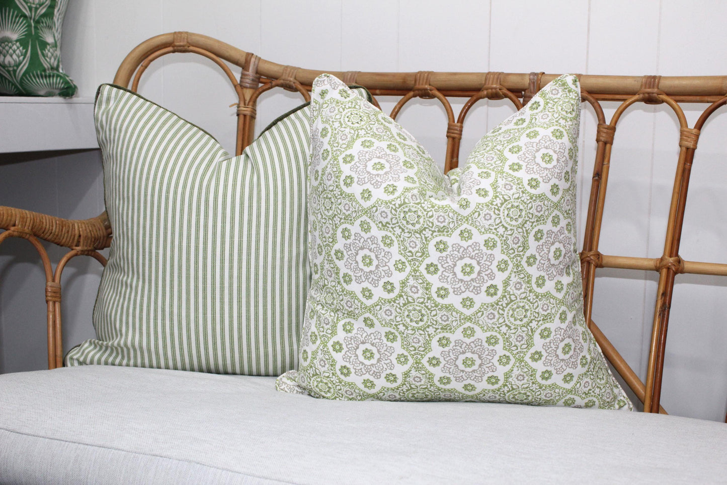 Sage green ticking Cushion covers.