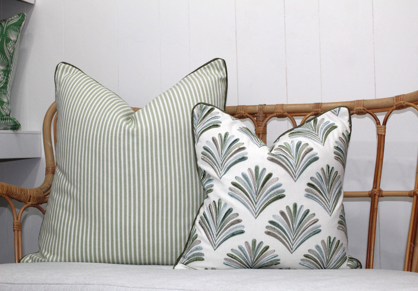 Sage green ticking Cushion covers.