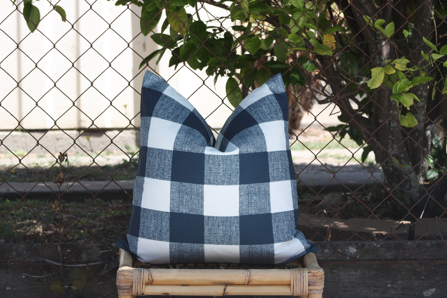 Waterproof Australian Made Hampton's style Buffalo Check blue Outdoor cushion covers, Australian made floor cushions and scatter cushions