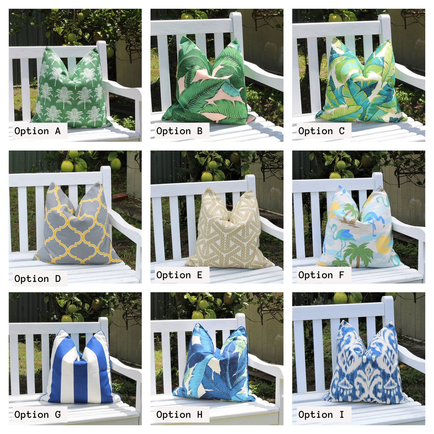 Tommy bahama cushions, outdoor indoor cushions, tropical leaf cushions, weather resistant cushions Made in Australia